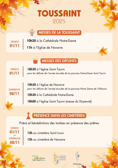 Célébrations 2025 pour la Toussaint, les défunts et prières/bénédictions des tombes dans les cimetières d'Evreux