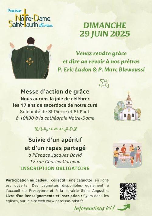 Dimanche 29/06, venez rendre grâce et dire au revoir à notre curé P. Eric Ladon et à P. Marc Blewoussi