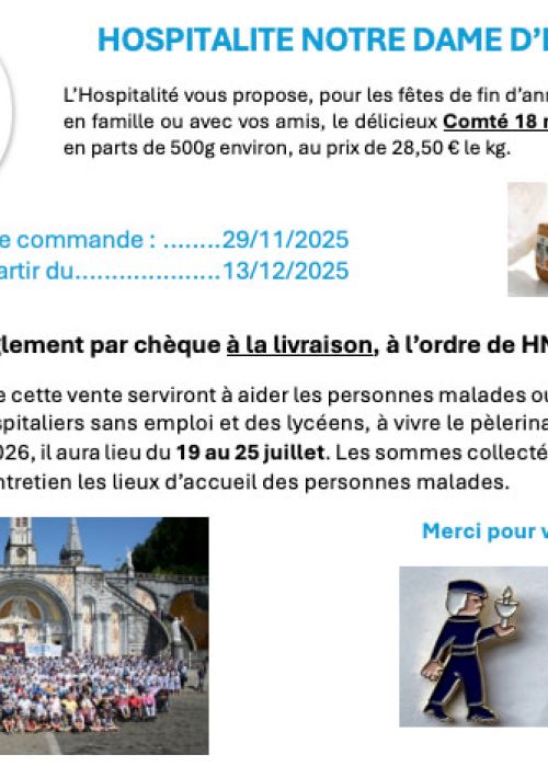 Vente Comté de Noël par l'Hospitalité Notre Dame pour financer le pèlerinage diocésain à Lourdes en 2026